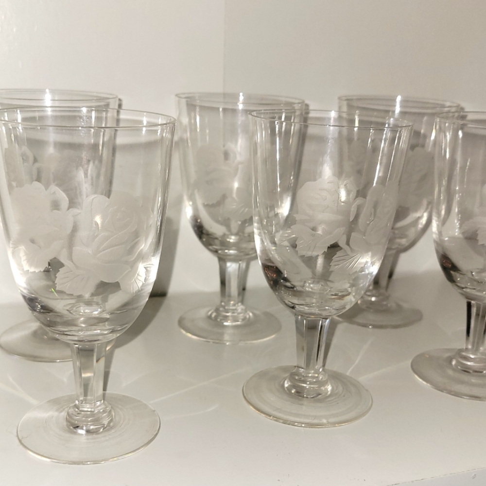 (6) Crystal Vintage Rose Etched Cordial Wine Glasses Set
